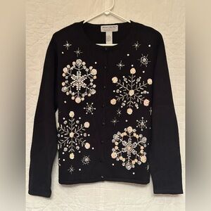 2004 Heirloom Collectible Sweater Black W Snowflakes Beaded Sequin Sz L